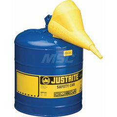 Justrite - Safety Dispensing Cans; Capacity: 5 Gal. ; Material: Steel ; Color: Blue ; Height (Decimal Inch): 16.875000 ; Diameter/Length (mm): 11.75 ; Approval Listing/Regulations: FM Approved; UL; ULC; TUV - Exact Tooling