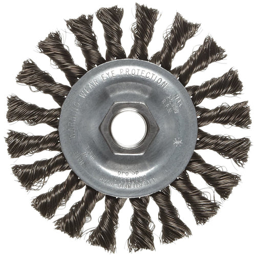 ‎Vortec Pro 4″ Knot Wire Wheel, Standard Twist, .014″ Steel Fill, 5/8″-11 UNC Nut, Retail Pack - Exact Tooling
