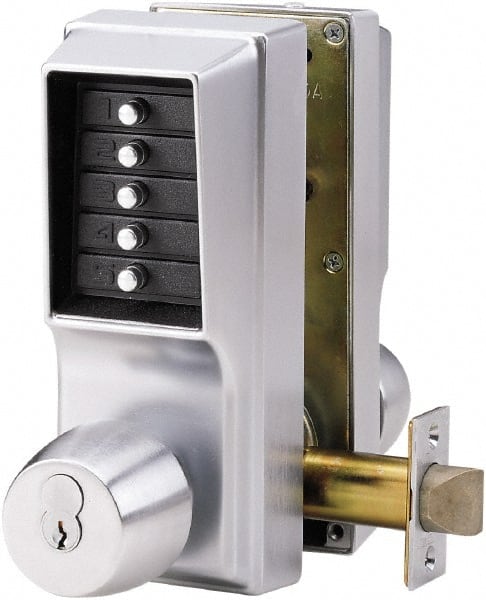 Kaba Access - 1-3/4 to 2-1/4" Door Thickness, Satin Chrome Pushbutton Knob Lockset - 2-3/4" Back Set, 1 Code, Zamak3, No Cylinder - Exact Tooling