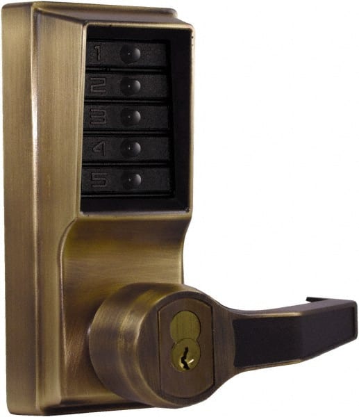 Kaba Access - Combination Entry Lever Lockset with Key Override - 2-3/4" Back Set, No Cylinder, Zamak3, Antique Brass Finish - Exact Tooling