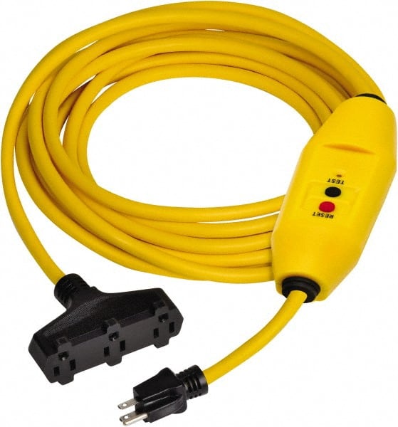 Tower - 3 Outlets, 125 Volt, 15 Amp, Yellow, GFCI and Triple Tap Cord Set - 5-15P, 5-15R NEMA Configuration, 25 Ft. Long, cUL Listed, OSHA, UL File E174279 - Exact Tooling