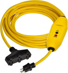 Tower - 3 Outlets, 125 Volt, 15 Amp, Yellow, GFCI and Triple Tap Cord Set - 5-15P, 5-15R NEMA Configuration, 25 Ft. Long, cUL Listed, OSHA, UL File E174279 - Exact Tooling