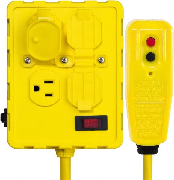 Tower - 4 Outlets, 125 Volt, 15 Amp, Yellow, Quad Outlet Box - 5-15P, 5-15R NEMA Configuration, 6 Ft. Long, cUL Listed, OSHA, UL File E174279 - Exact Tooling