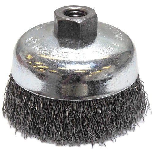 ‎Vortec Pro 4″ Crimped Wire Cup Brush, .020″ Steel Fill, 5/8″-11 UNC Nut, Retail Pack - Exact Tooling