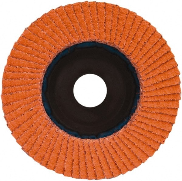 Norton - 36 Grit, 7" Disc Diam, 7/8" Center Hole, Type 27 Ceramic Alumina Flap Disc - 8,600 Max RPM, Plastic Backing, Arbor Attaching System, Coated - Exact Tooling