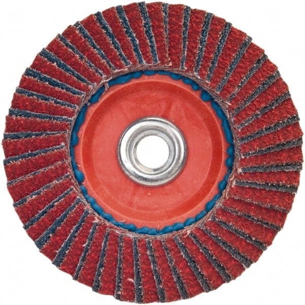 Norton - 36 Grit, 5" Disc Diam, 5/8-11 Center Hole, Type 27 Ceramic Alumina Flap Disc - 12,000 Max RPM, Plastic Backing, Arbor Attaching System, Coated - Exact Tooling