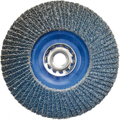 Norton - 36 Grit, 5" Disc Diam, 5/8-11 Center Hole, Type 27 Zirconia Alumina Flap Disc - 12,000 Max RPM, Plastic Backing, Arbor Attaching System, Coated - Exact Tooling