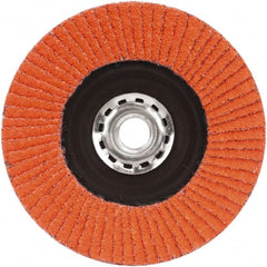 Norton - 40 Grit, 5" Disc Diam, 5/8-11 Center Hole, Type 27 Ceramic Alumina Flap Disc - 12,000 Max RPM, Plastic Backing, Arbor Attaching System, Coated - Exact Tooling