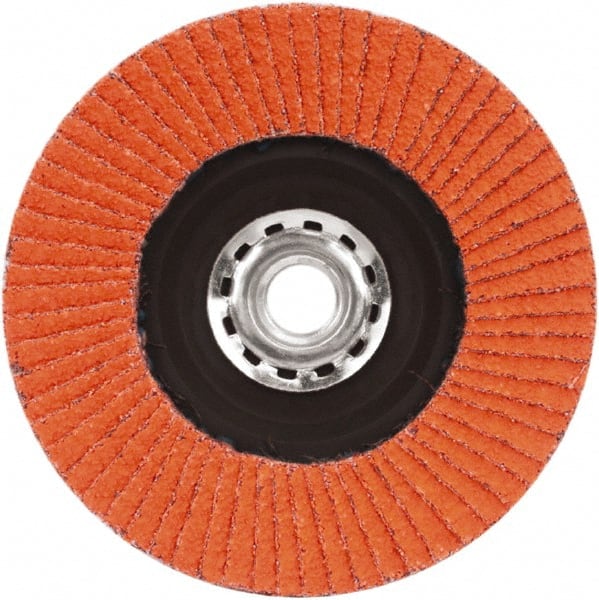 Norton - 60 Grit, 5" Disc Diam, 5/8-11 Center Hole, Type 27 Ceramic Alumina Flap Disc - 12,000 Max RPM, Plastic Backing, Arbor Attaching System, Coated - Exact Tooling