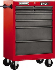 Proto - 8 Drawer Steel Tool Roller Cabinet - 27" Wide x 42" High x 18" Deep, Ball Bearing Drawer Slides, Safety Red/Gray - Exact Tooling