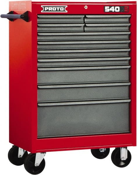Proto - 11 Drawer Steel Tool Roller Cabinet - 27" Wide x 42" High x 18" Deep, Ball Bearing Drawer Slides, Safety Red/Gray - Exact Tooling