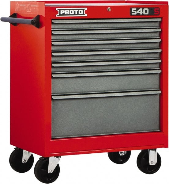 Proto - 7 Drawer Steel Tool Roller Cabinet - 27" Wide x 35" High x 18" Deep, Ball Bearing Drawer Slides, Safety Red/Gray - Exact Tooling