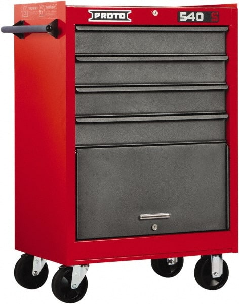 Proto - 4 Drawer Steel Tool Roller Cabinet - 27" Wide x 42" High x 18" Deep, Ball Bearing Drawer Slides, Safety Red/Gray - Exact Tooling