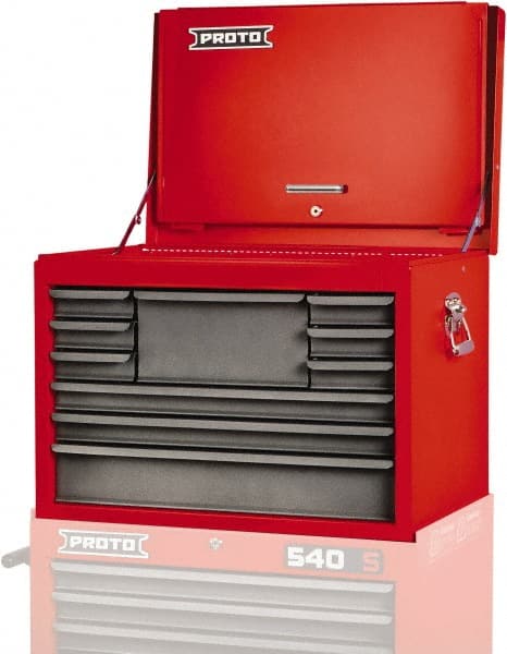 Proto - 10 Drawer Top Tool Chest - 27" Wide x 18" Deep x 19" High, Steel, Safety Red/Gray - Exact Tooling