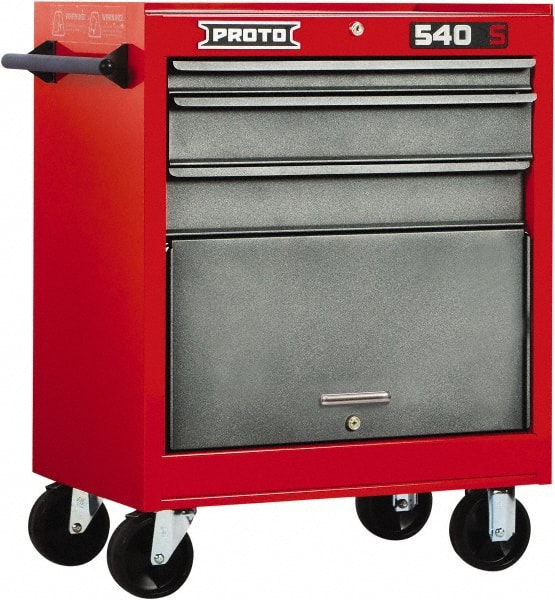 Proto - 3 Drawer Steel Tool Roller Cabinet - 27" Wide x 35" High x 18" Deep, Ball Bearing Drawer Slides, Safety Red/Gray - Exact Tooling