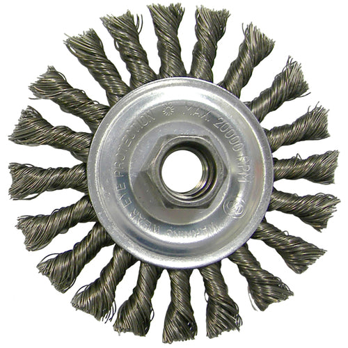‎Vortec Pro 4″ Knot Wire Wheel, Cable Twist, .020″ Steel Fill, 5/8″-11 UNC Nut, Retail Pack - Exact Tooling