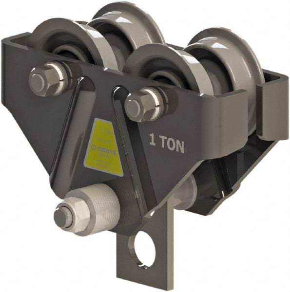 CIGNYS - 1 Ton Capacity Plain Adjustable Trolley - 3" to 5-1/4" Flange Width, 4" Wheel Diam, 5" to 12" I-Beam, 36" Min Radius - Exact Tooling