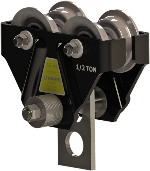 CIGNYS - 0.5 Ton Capacity Plain Adjustable Trolley - 2-21/32" to 4-21/32" Flange Width, 3-1/8" Wheel Diam, 4" to 10" I-Beam, 24" Min Radius - Exact Tooling