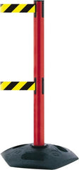 Tensator - 38" High, 2-1/2" Pole Diam, 4 Way Stanchion - 19" Base Diam, Octagon Recycled Rubber Base, Red Plastic Post, 7-1/2' x 2" Tape, Dual Line Tape, For Outdoor Use - Exact Tooling