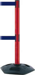Tensator - 38" High, 2-1/2" Pole Diam, 4 Way Stanchion - 19" Base Diam, Octagon Recycled Rubber Base, Red Plastic Post, 7-1/2' x 2" Tape, Dual Line Tape, For Outdoor Use - Exact Tooling