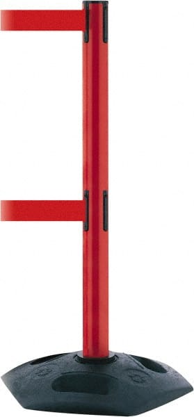 Tensator - 38" High, 2-1/2" Pole Diam, 4 Way Stanchion - 19" Base Diam, Octagon Recycled Rubber Base, Red Plastic Post, 7-1/2' x 2" Tape, Dual Line Tape, For Outdoor Use - Exact Tooling