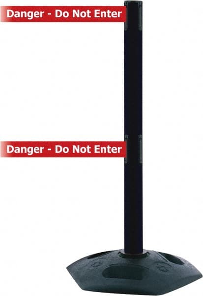 Tensator - 38" High, 2-1/2" Pole Diam, 4 Way Stanchion - 19" Base Diam, Octagon Recycled Rubber Base, Black Plastic Post, 7-1/2' x 2" Tape, Dual Line Tape, For Outdoor Use - Exact Tooling