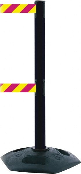 Tensator - 38" High, 2-1/2" Pole Diam, 4 Way Stanchion - 19" Base Diam, Octagon Recycled Rubber Base, Black Plastic Post, 7-1/2' x 2" Tape, Dual Line Tape, For Outdoor Use - Exact Tooling