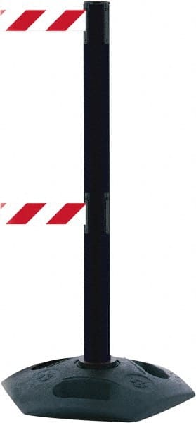 Tensator - 38" High, 2-1/2" Pole Diam, 4 Way Stanchion - 19" Base Diam, Octagon Recycled Rubber Base, Black Plastic Post, 7-1/2' x 2" Tape, Dual Line Tape, For Outdoor Use - Exact Tooling