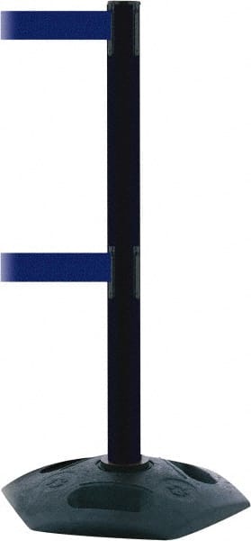 Tensator - 38" High, 2-1/2" Pole Diam, 4 Way Stanchion - 19" Base Diam, Octagon Recycled Rubber Base, Black Plastic Post, 7-1/2' x 2" Tape, Dual Line Tape, For Outdoor Use - Exact Tooling