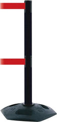 Tensator - 38" High, 2-1/2" Pole Diam, 4 Way Stanchion - 19" Base Diam, Octagon Recycled Rubber Base, Black Plastic Post, 7-1/2' x 2" Tape, Dual Line Tape, For Outdoor Use - Exact Tooling