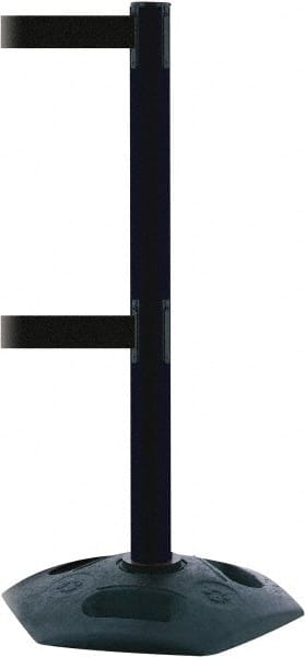 Tensator - 38" High, 2-1/2" Pole Diam, 4 Way Stanchion - 19" Base Diam, Octagon Recycled Rubber Base, Black Plastic Post, 7-1/2' x 2" Tape, Dual Line Tape, For Outdoor Use - Exact Tooling