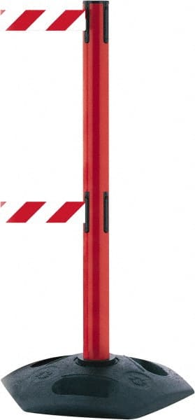 Tensator - 38" High, 2-1/2" Pole Diam, 4 Way Stanchion - 19" Base Diam, Octagon Recycled Rubber Base, Red Plastic Post, 13' x 2" Tape, Dual Line Tape, For Outdoor Use - Exact Tooling