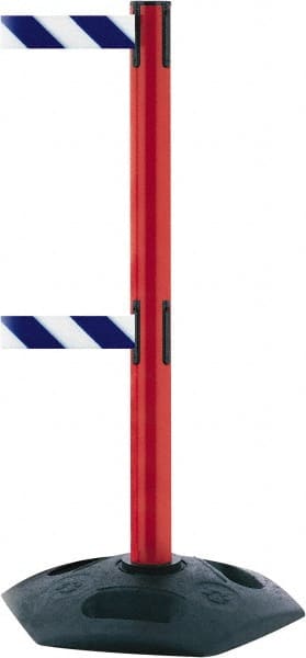 Tensator - 38" High, 2-1/2" Pole Diam, 4 Way Stanchion - 19" Base Diam, Octagon Recycled Rubber Base, Red Plastic Post, 13' x 2" Tape, Dual Line Tape, For Outdoor Use - Exact Tooling