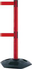 Tensator - 38" High, 2-1/2" Pole Diam, 4 Way Stanchion - 19" Base Diam, Octagon Recycled Rubber Base, Red Plastic Post, 13' x 2" Tape, Dual Line Tape, For Outdoor Use - Exact Tooling