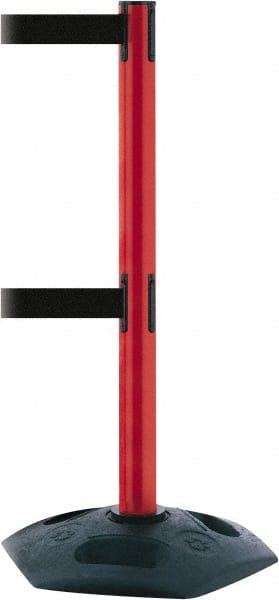 Tensator - 38" High, 2-1/2" Pole Diam, 4 Way Stanchion - 19" Base Diam, Octagon Recycled Rubber Base, Red Plastic Post, 13' x 2" Tape, Dual Line Tape, For Outdoor Use - Exact Tooling