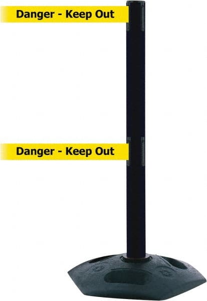 Tensator - 38" High, 2-1/2" Pole Diam, 4 Way Stanchion - 19" Base Diam, Octagon Recycled Rubber Base, Black Plastic Post, 13' x 2" Tape, Dual Line Tape, For Outdoor Use - Exact Tooling