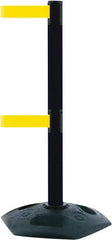Tensator - 38" High, 2-1/2" Pole Diam, 4 Way Stanchion - 19" Base Diam, Octagon Recycled Rubber Base, Black Plastic Post, 13' x 2" Tape, Dual Line Tape, For Outdoor Use - Exact Tooling