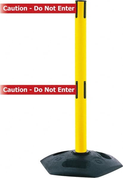 Tensator - 38" High, 2-1/2" Pole Diam, 4 Way Stanchion - 19" Base Diam, Octagon Recycled Rubber Base, Yellow Plastic Post, 7-1/2' x 2" Tape, Dual Line Tape, For Outdoor Use - Exact Tooling