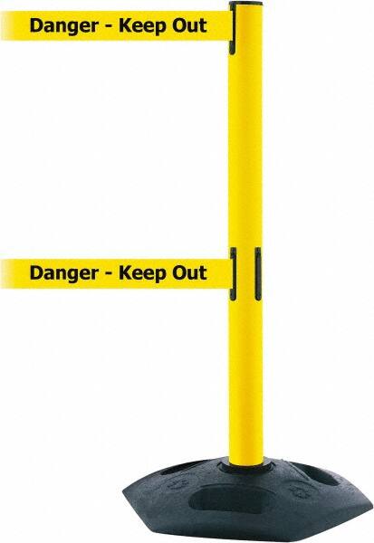 Tensator - 38" High, 2-1/2" Pole Diam, 4 Way Stanchion - 19" Base Diam, Octagon Recycled Rubber Base, Yellow Plastic Post, 7-1/2' x 2" Tape, Dual Line Tape, For Outdoor Use - Exact Tooling