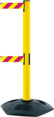 Tensator - 38" High, 2-1/2" Pole Diam, 4 Way Stanchion - 19" Base Diam, Octagon Recycled Rubber Base, Yellow Plastic Post, 7-1/2' x 2" Tape, Dual Line Tape, For Outdoor Use - Exact Tooling