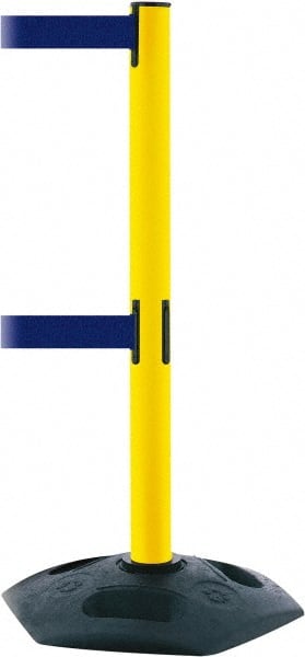 Tensator - 38" High, 2-1/2" Pole Diam, 4 Way Stanchion - 19" Base Diam, Octagon Recycled Rubber Base, Yellow Plastic Post, 7-1/2' x 2" Tape, Dual Line Tape, For Outdoor Use - Exact Tooling