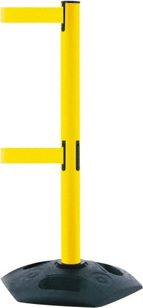 Tensator - 38" High, 2-1/2" Pole Diam, 4 Way Stanchion - 19" Base Diam, Octagon Recycled Rubber Base, Yellow Plastic Post, 7-1/2' x 2" Tape, Dual Line Tape, For Outdoor Use - Exact Tooling