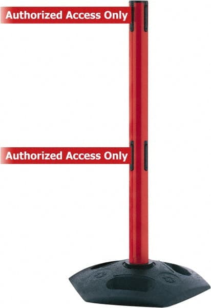 Tensator - 38" High, 2-1/2" Pole Diam, 4 Way Stanchion - 19" Base Diam, Octagon Recycled Rubber Base, Red Plastic Post, 7-1/2' x 2" Tape, Dual Line Tape, For Outdoor Use - Exact Tooling