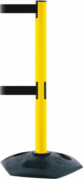 Tensator - 38" High, 2-1/2" Pole Diam, 4 Way Stanchion - 19" Base Diam, Octagon Recycled Rubber Base, Yellow Plastic Post, 7-1/2' x 2" Tape, Dual Line Tape, For Outdoor Use - Exact Tooling