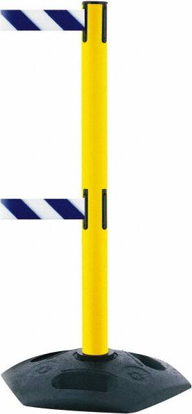 Tensator - 38" High, 2-1/2" Pole Diam, 4 Way Stanchion - 19" Base Diam, Octagon Recycled Rubber Base, Yellow Plastic Post, 7-1/2' x 2" Tape, Dual Line Tape, For Outdoor Use - Exact Tooling