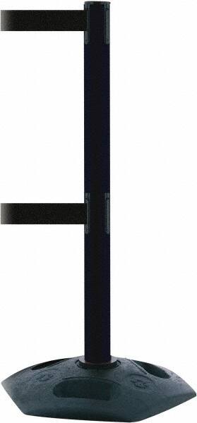 Tensator - 38" High, 2-1/2" Pole Diam, 4 Way Stanchion - 19" Base Diam, Octagon Recycled Rubber Base, Black Plastic Post, 13' x 2" Tape, Dual Line Tape, For Outdoor Use - Exact Tooling