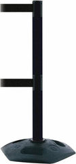 Tensator - 38" High, 2-1/2" Pole Diam, 4 Way Stanchion - 19" Base Diam, Octagon Recycled Rubber Base, Black Plastic Post, 13' x 2" Tape, Dual Line Tape, For Outdoor Use - Exact Tooling