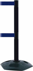 Tensator - 38" High, 2-1/2" Pole Diam, 4 Way Stanchion - 19" Base Diam, Octagon Recycled Rubber Base, Black Plastic Post, 13' x 2" Tape, Dual Line Tape, For Outdoor Use - Exact Tooling