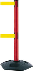 Tensator - 38" High, 2-1/2" Pole Diam, 4 Way Stanchion - 19" Base Diam, Octagon Recycled Rubber Base, Red Plastic Post, 13' x 2" Tape, Dual Line Tape, For Outdoor Use - Exact Tooling