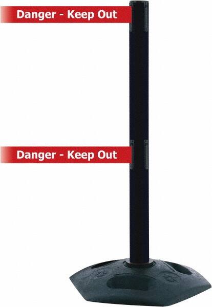 Tensator - 38" High, 2-1/2" Pole Diam, 4 Way Stanchion - 19" Base Diam, Octagon Recycled Rubber Base, Black Plastic Post, 13' x 2" Tape, Dual Line Tape, For Outdoor Use - Exact Tooling